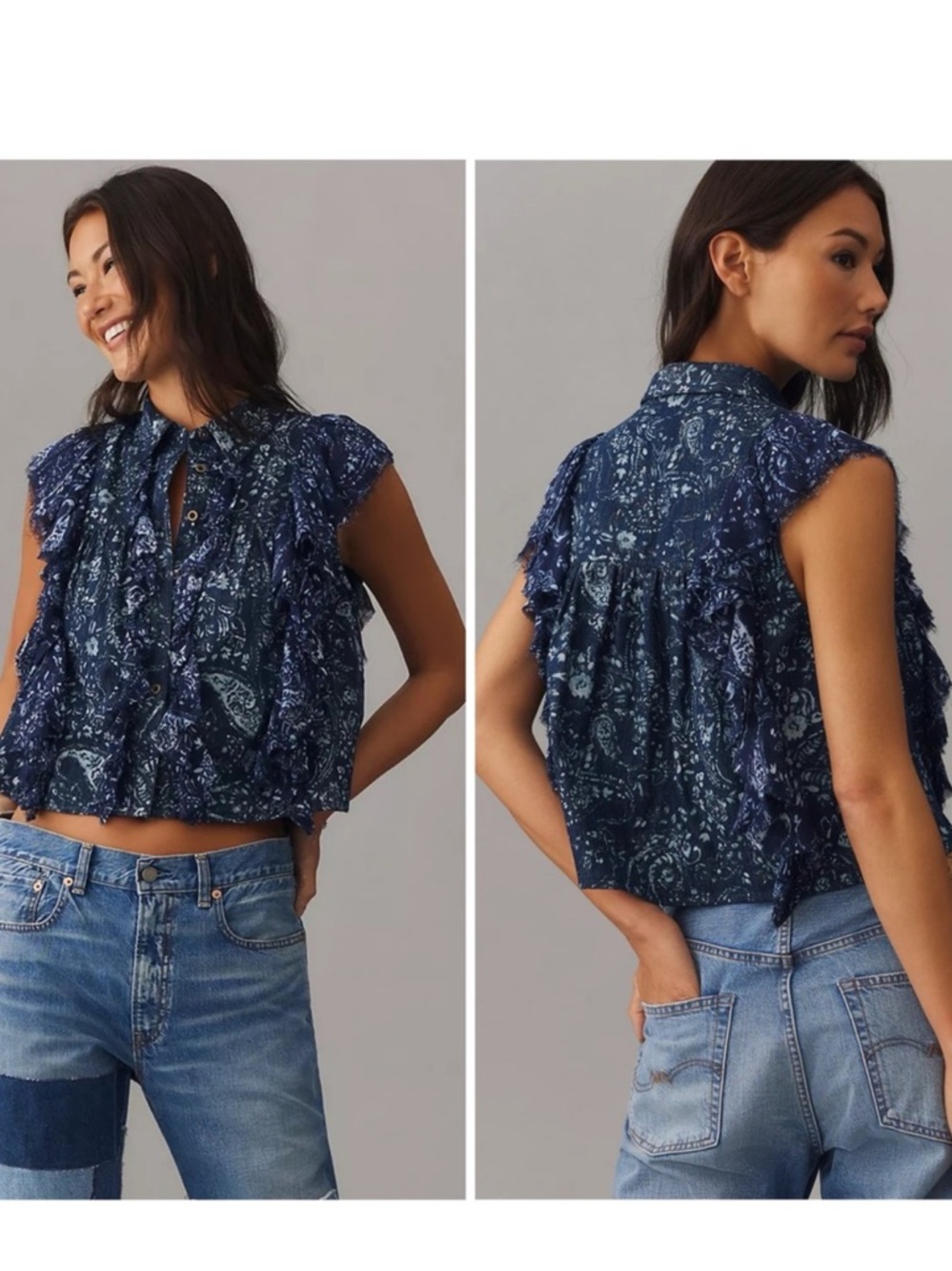 Pilcro‎ by Anthropology Sleeveless Jean Navy Floral Button-Up Blouse